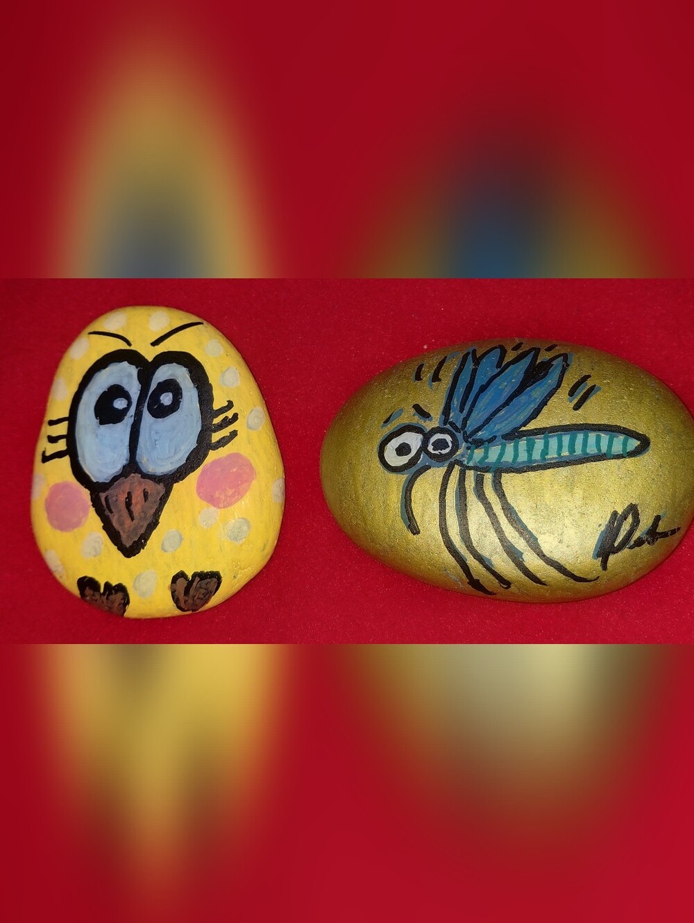 Hand-Painted Yellow Bird & Gold Insect Decorative Stones